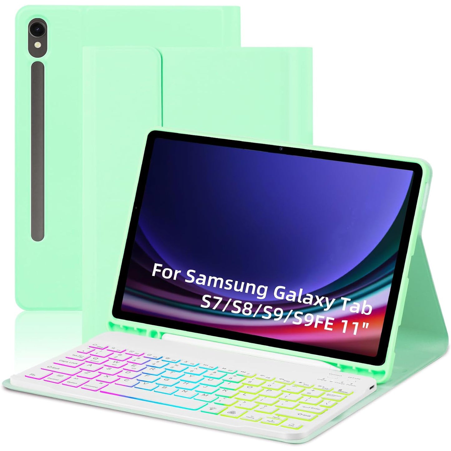 SD-X710 For Samsung Galaxy Tab S7 / S8 / S9 / S9 FE 11 inch PU Tablet Case Backlit Bluetooth Keyboard - Green