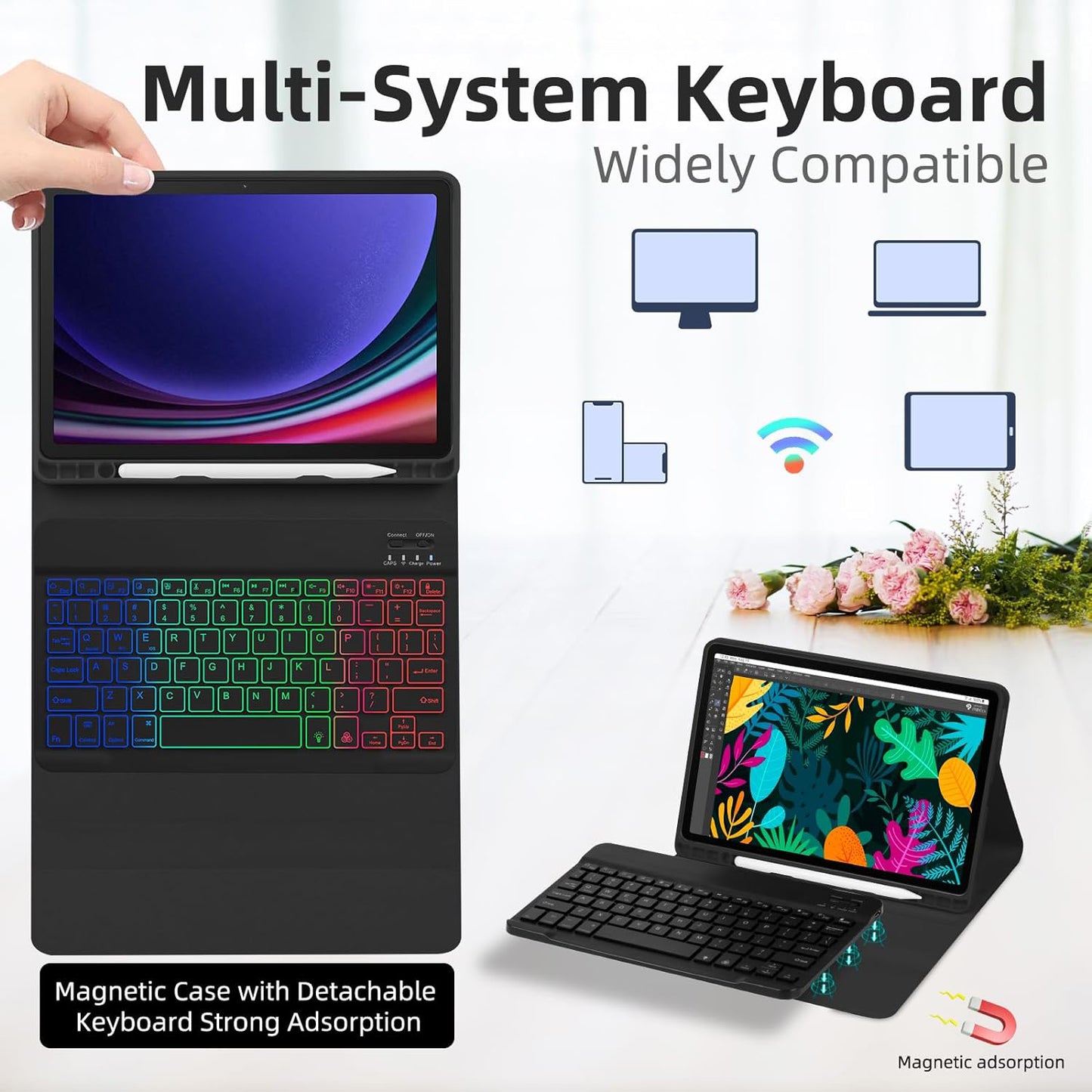 SD-X710 For Samsung Galaxy Tab S7 / S8 / S9 / S9 FE 11 inch PU Tablet Case Backlit Bluetooth Keyboard - Black