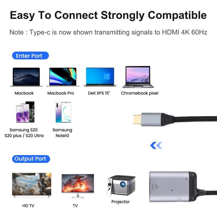 4K 60Hz Type-C to PD Data Transfer Adapter Cable Male to Female Converter for MacBook Samsung Huawei
