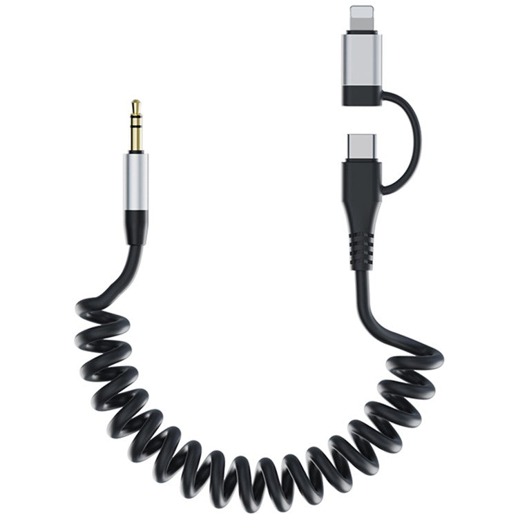 Type-C / 8-Pin Male to 3.5mm Male Spring Audio Cable Wireless Microphone Speaker Connection Cable - Silver