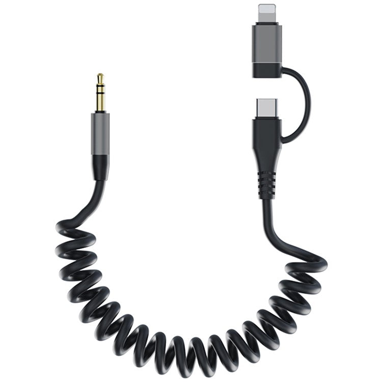 Type-C / 8-Pin Male to 3.5mm Male Spring Audio Cable Wireless Microphone Speaker Connection Cable - Grey