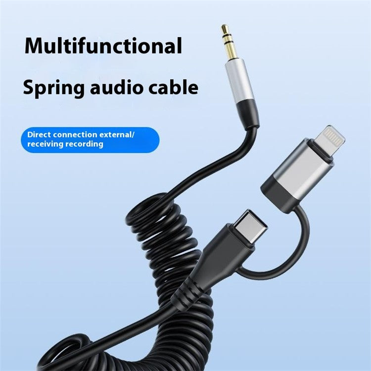 Type-C / 8-Pin Male to 3.5mm Male Spring Audio Cable Wireless Microphone Speaker Connection Cable - Grey