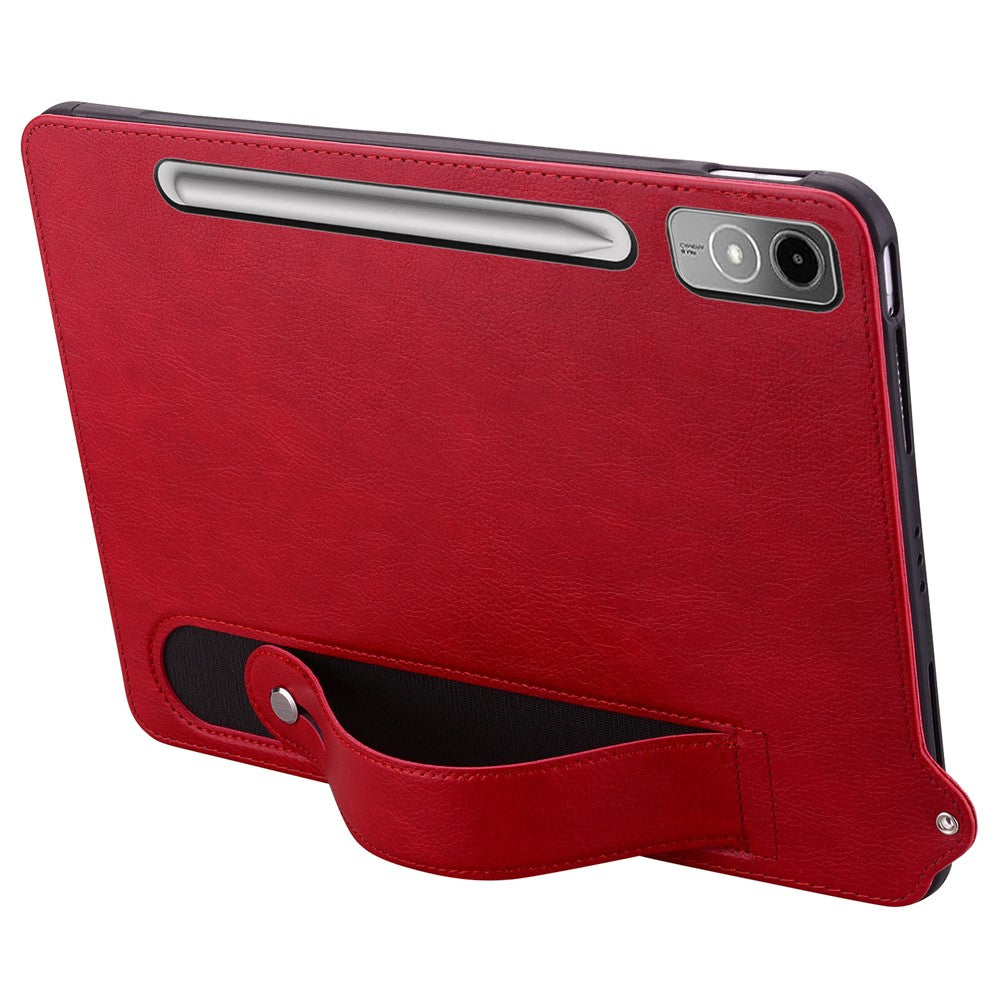 For Lenovo Tab P12 Case Hand Strap Kickstand Leather Tablet Cover - Red