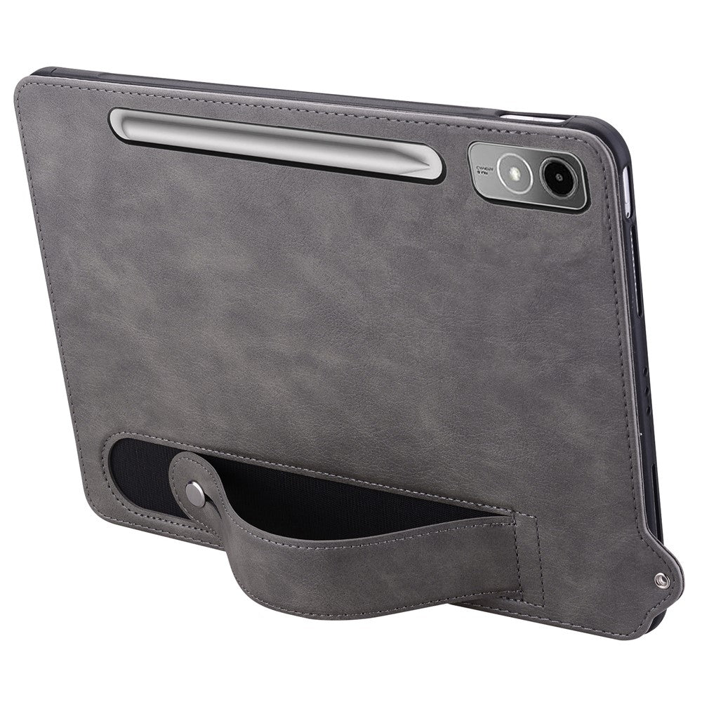 For Lenovo Tab P12 Case Hand Strap Kickstand Leather Tablet Cover - Grey