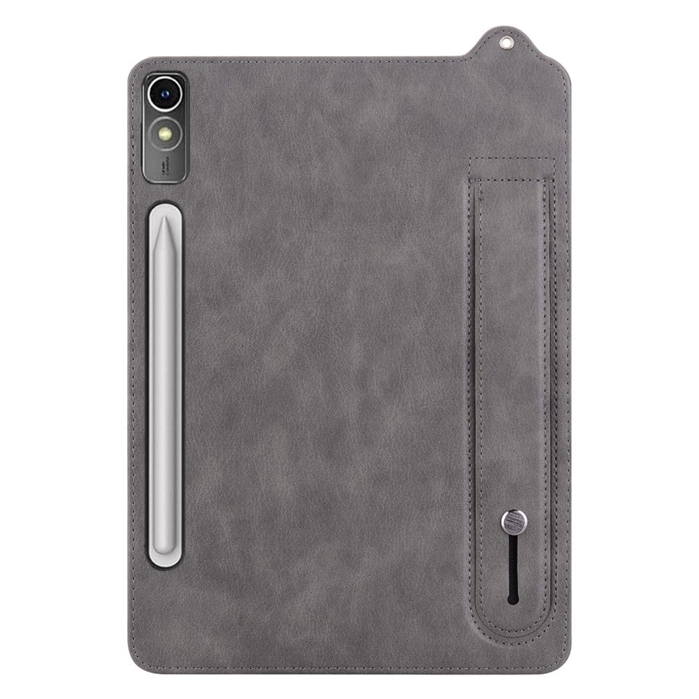 For Lenovo Tab P12 Case Hand Strap Kickstand Leather Tablet Cover - Grey