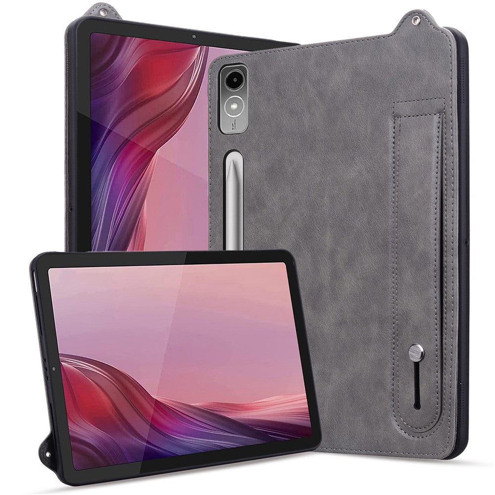 For Lenovo Tab P12 Case Hand Strap Kickstand Leather Tablet Cover - Grey