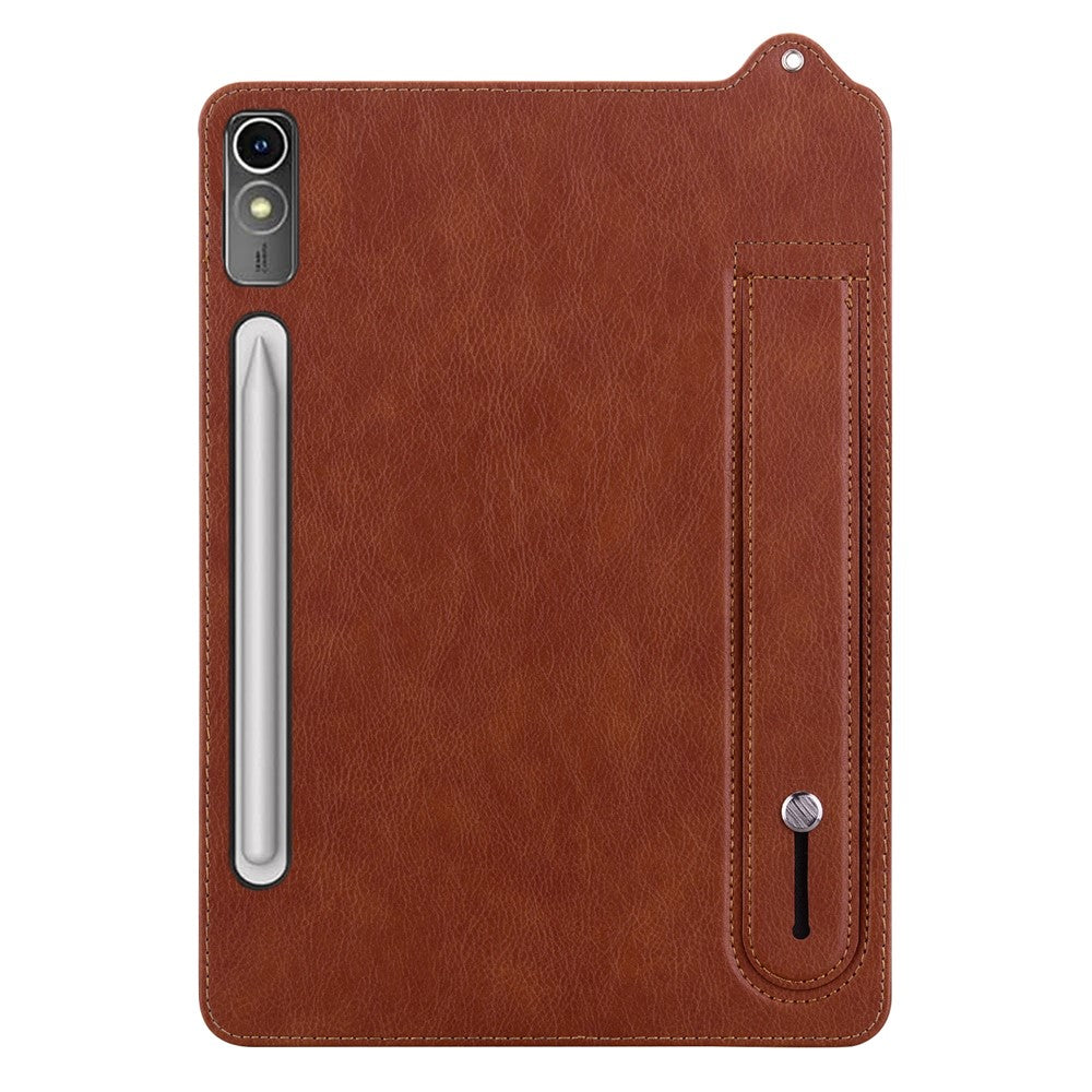 For Lenovo Tab P12 Case Hand Strap Kickstand Leather Tablet Cover - Brown