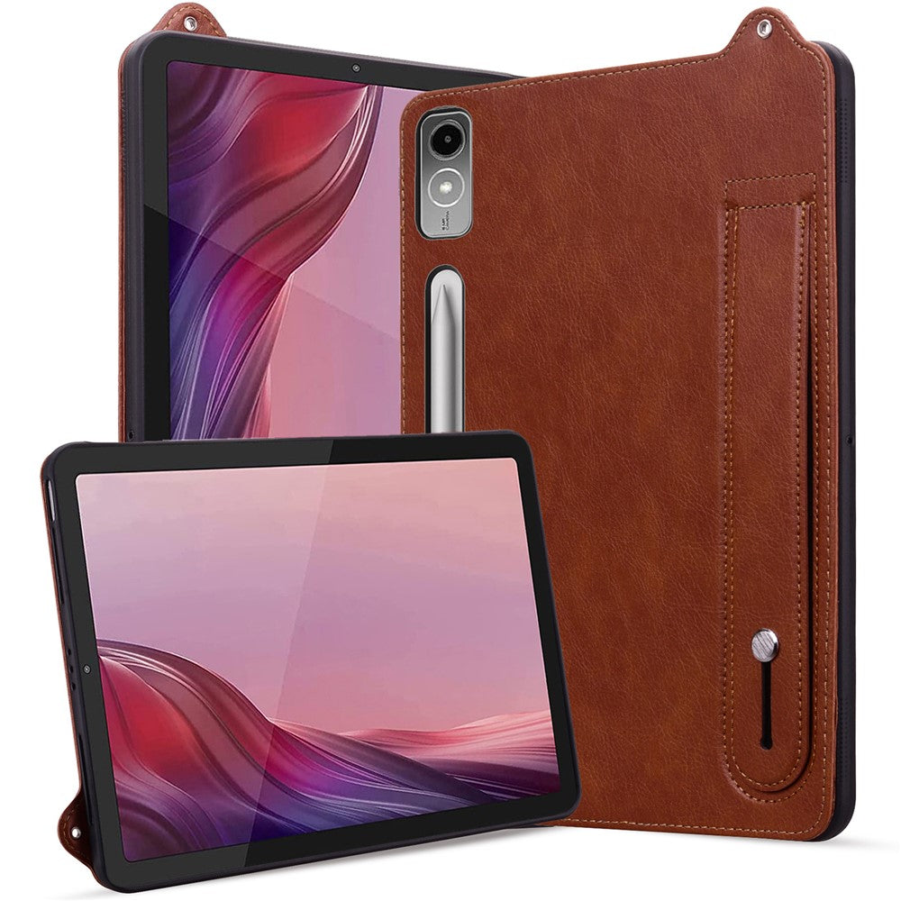 For Lenovo Tab P12 Case Hand Strap Kickstand Leather Tablet Cover - Brown