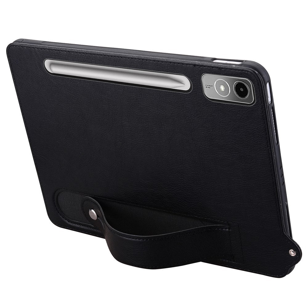 For Lenovo Tab P12 Case Hand Strap Kickstand Leather Tablet Cover - Black