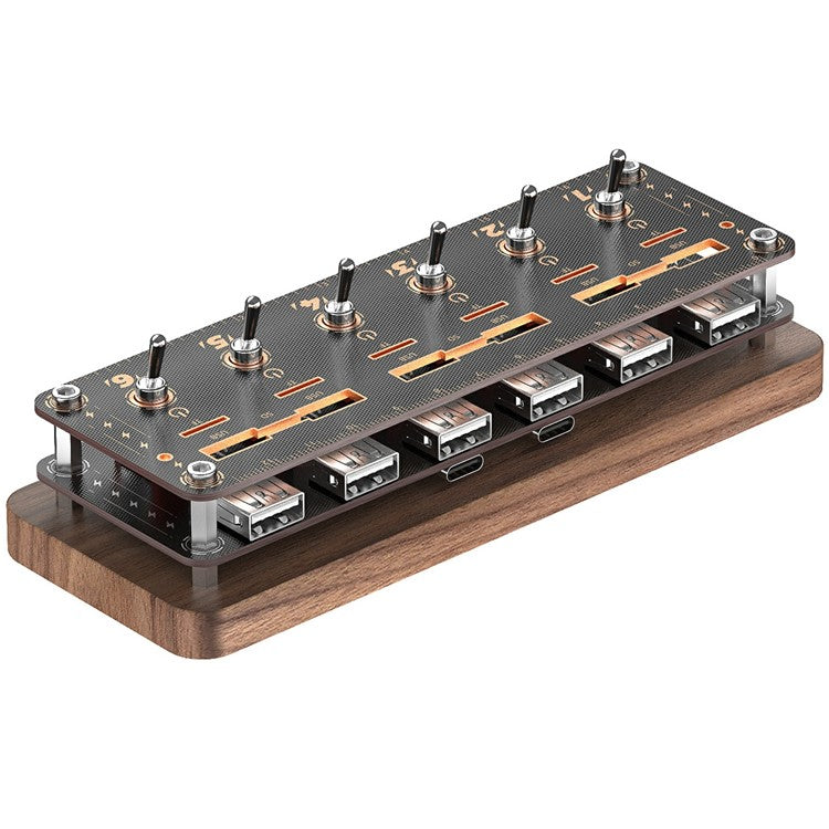 AODUKE Cyberpunk Style Walnut 6-Port USB 2.0 Hub with Independent Switches SD TF Card Storage Rack