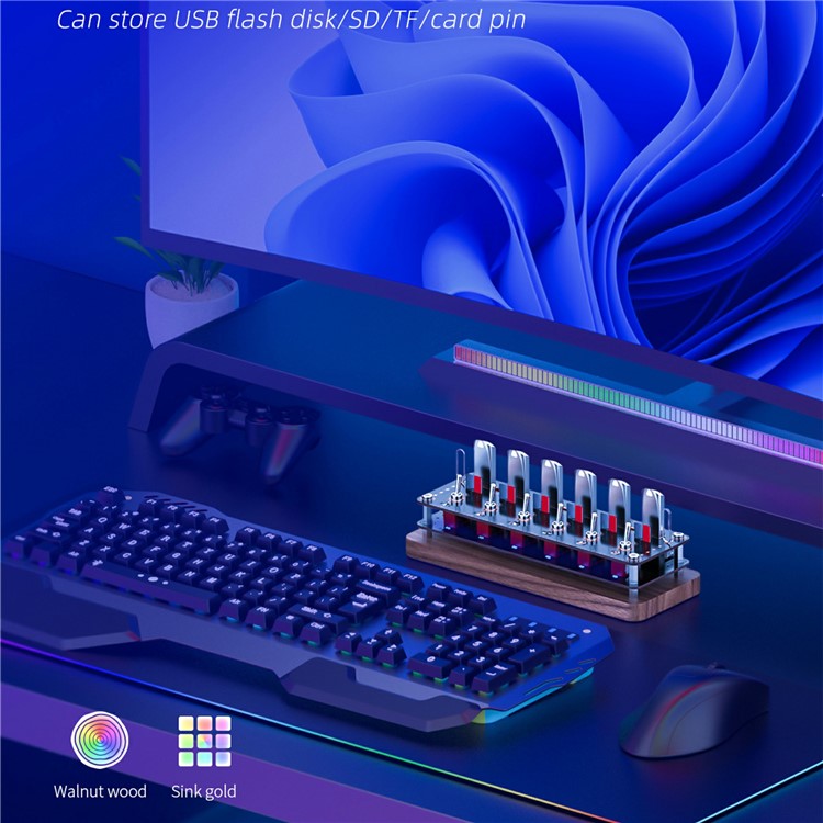 AODUKE Cyberpunk Style Walnut 6-Port USB 2.0 Hub with Independent Switches SD TF Card Storage Rack