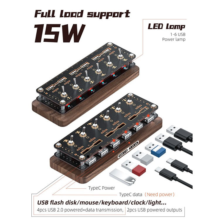 AODUKE Cyberpunk Style Walnut 6-Port USB 2.0 Hub with Independent Switches SD TF Card Storage Rack
