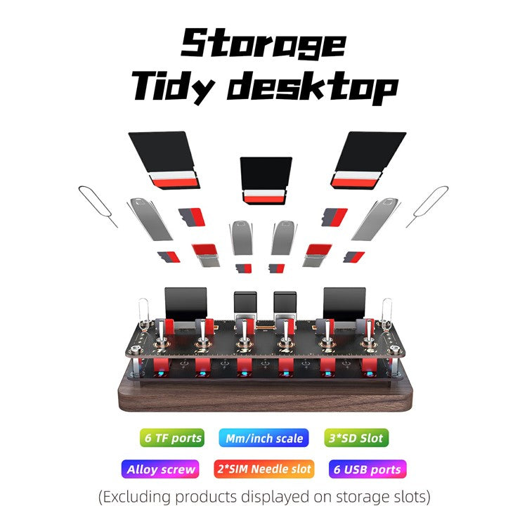 AODUKE Cyberpunk Style Walnut 6-Port USB 2.0 Hub with Independent Switches SD TF Card Storage Rack