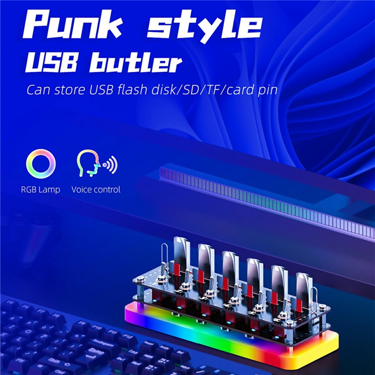 AODUKE Cyberpunk 6 Port USB 2.0 Hub Voice Control Independent Switches USB Expander SD TF Card Storage Rack with RGB Light