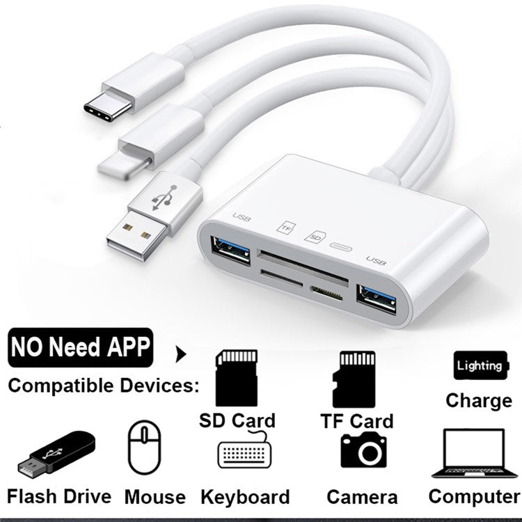 Type-C / USB / Lightning 3-Port USB Hub 5 in 1 Flash Drive SD TF Card Reader Adapter