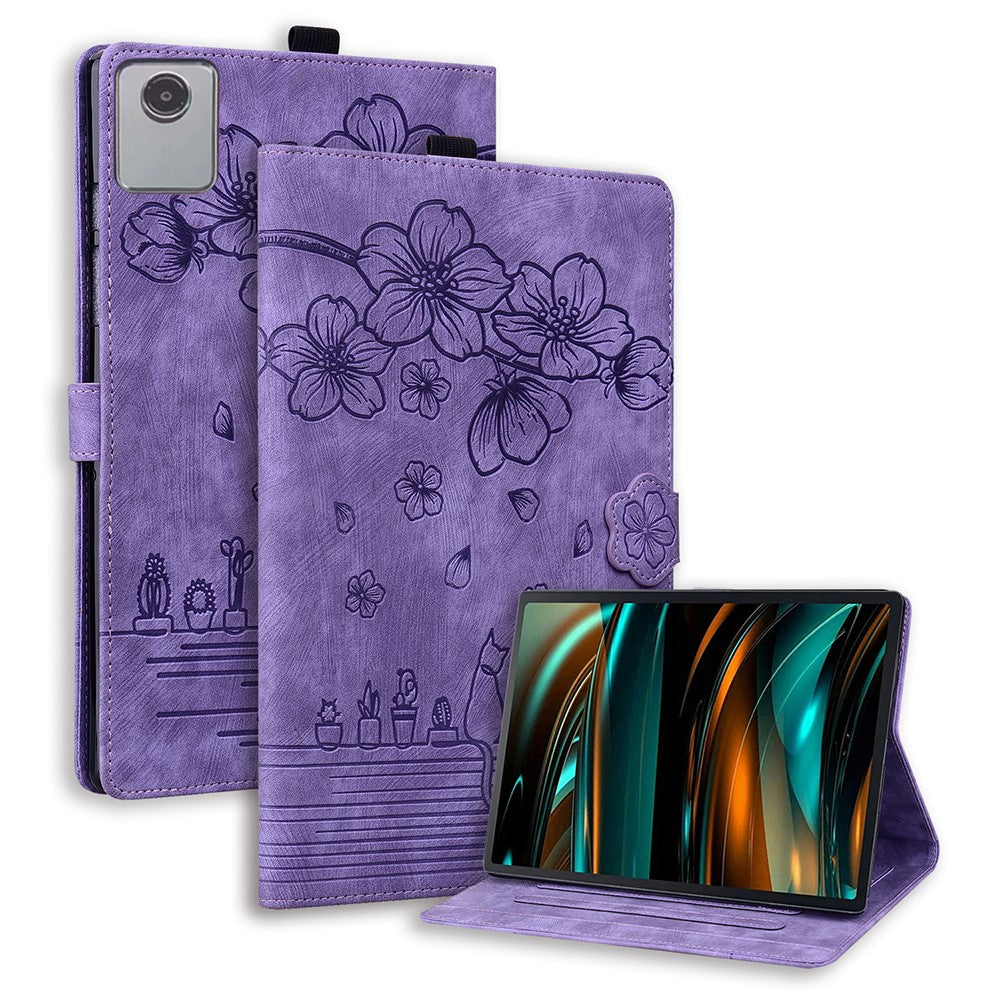 For Lenovo Xiaoxin Pad 11 2025 / Tab K11 Gen 2 TB336 / Tab M11 Case Card Slots Leather Tablet Stand Folio Cover Flower Cat - Purple