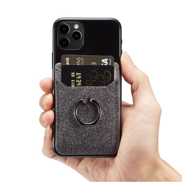 MUXMA MX112 Ring Stand Phone Card Holder Sand Texture PU Leather RFID Blocking Adhesive Card Pocket - Black