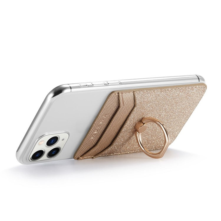 MUXMA MX112 Ring Stand Phone Card Holder Sand Texture PU Leather RFID Blocking Adhesive Card Pocket - Gold