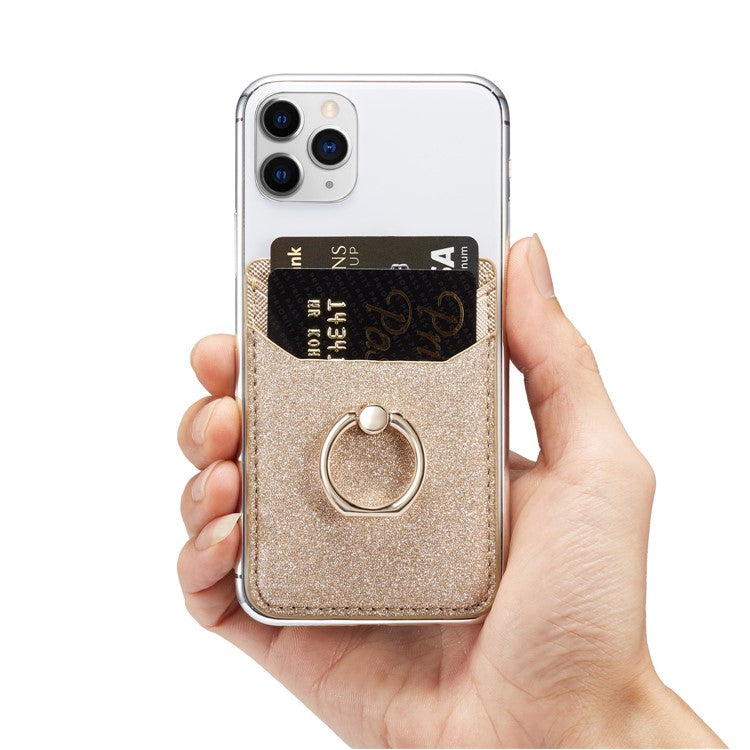 MUXMA MX112 Ring Stand Phone Card Holder Sand Texture PU Leather RFID Blocking Adhesive Card Pocket - Gold