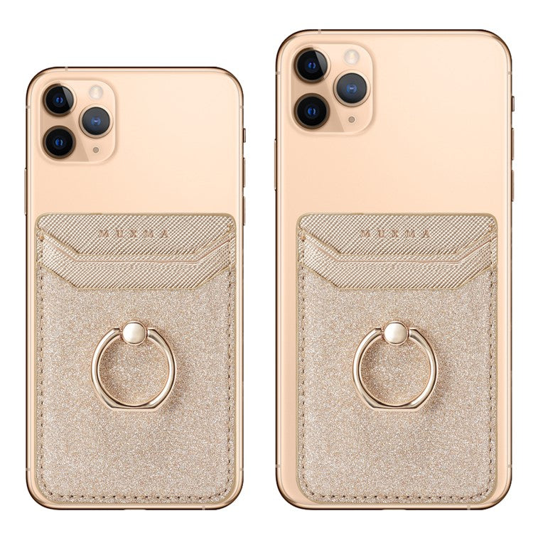 MUXMA MX112 Ring Stand Phone Card Holder Sand Texture PU Leather RFID Blocking Adhesive Card Pocket - Gold