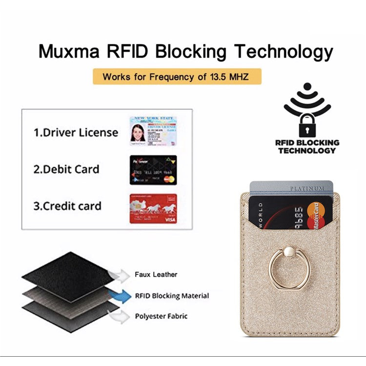 MUXMA MX112 Ring Stand Phone Card Holder Sand Texture PU Leather RFID Blocking Adhesive Card Pocket - Gold