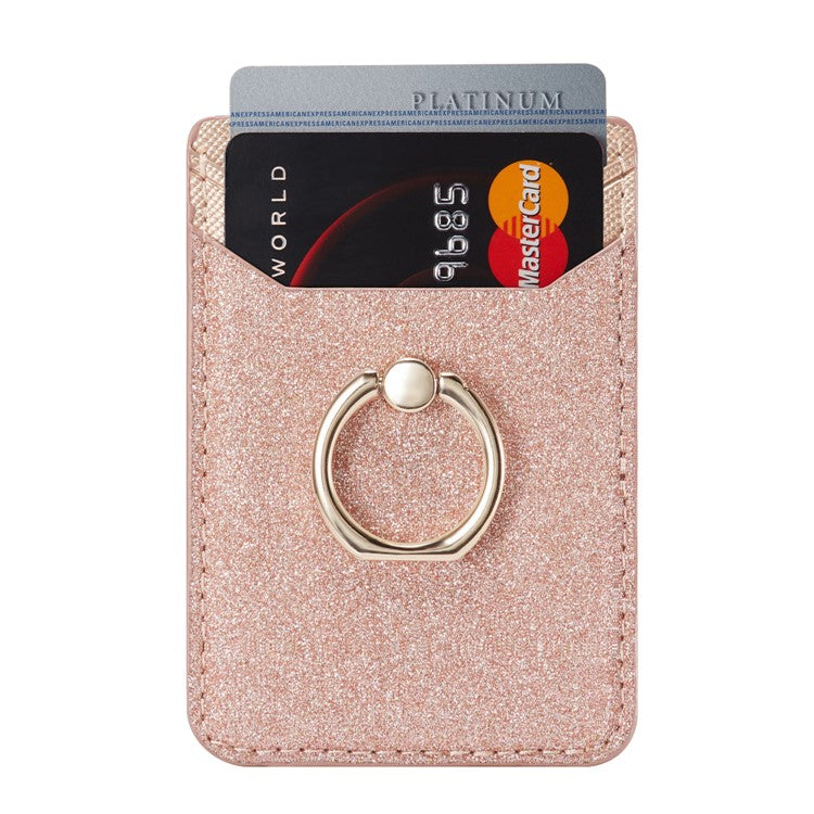 MUXMA MX112 Ring Stand Phone Card Holder Sand Texture PU Leather RFID Blocking Adhesive Card Pocket - Rose Gold
