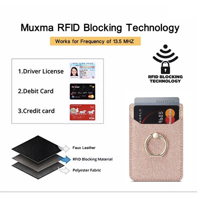 MUXMA MX112 Ring Stand Phone Card Holder Sand Texture PU Leather RFID Blocking Adhesive Card Pocket - Rose Gold