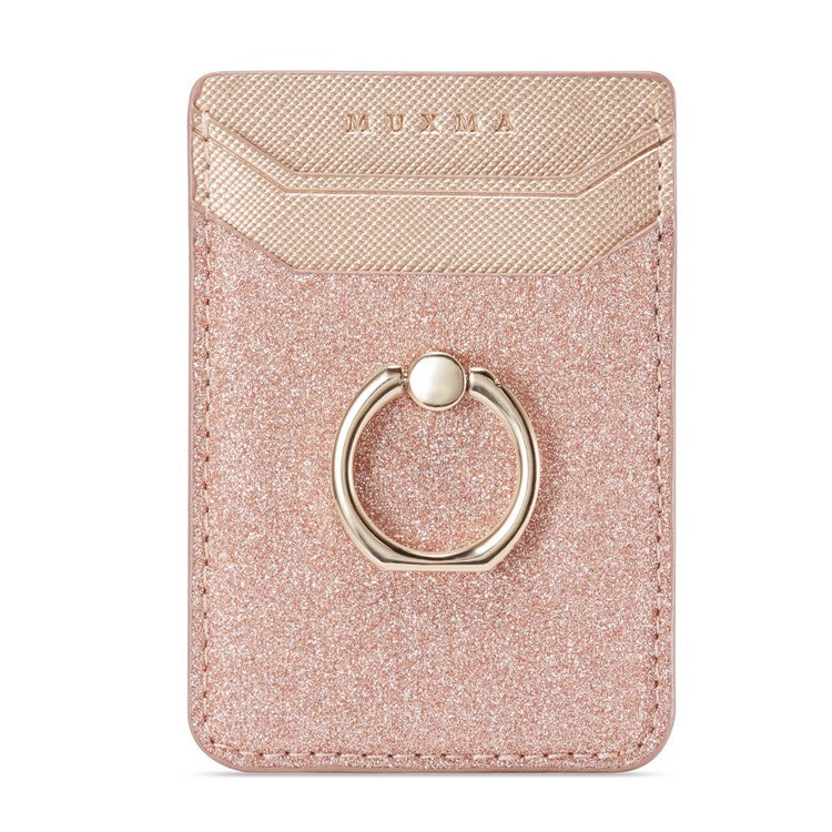 MUXMA MX112 Ring Stand Phone Card Holder Sand Texture PU Leather RFID Blocking Adhesive Card Pocket - Rose Gold