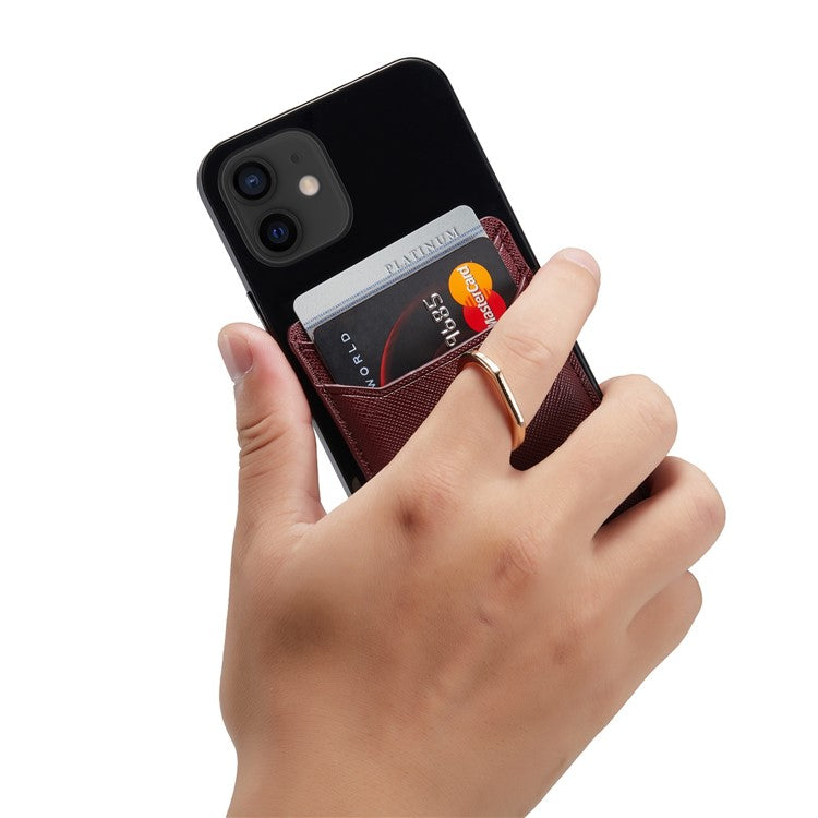 MUXMA MX112 Cross Texture Leather Phone Card Holder Ring Stand RFID Blocking Adhesive Credit Card Slot - Wine Red