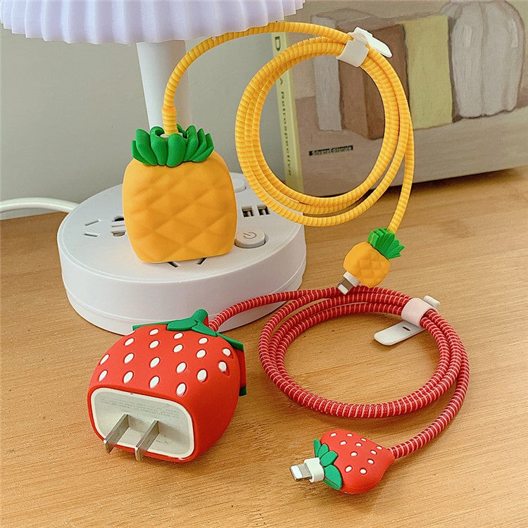 Cartoon Style Protective Case for iPhone 18W / 20W Charger Block Silicone Cover Set with Charging Cable Case - Pineapple