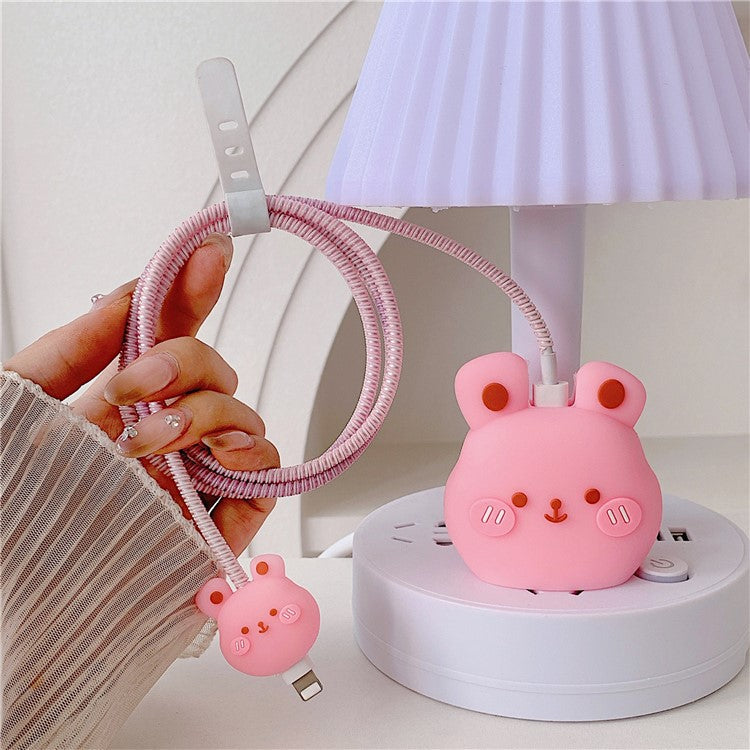 Cartoon Style Protective Case for iPhone 18W / 20W Charger Block Silicone Cover Set with Charging Cable Case - Rabbit
