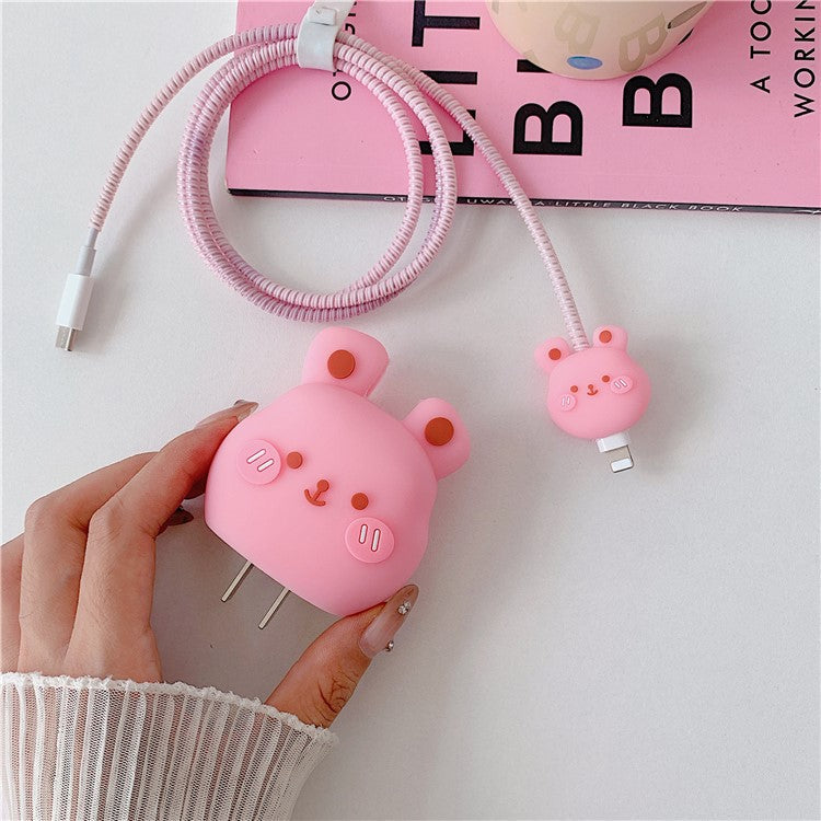 Cartoon Style Protective Case for iPhone 18W / 20W Charger Block Silicone Cover Set with Charging Cable Case - Rabbit
