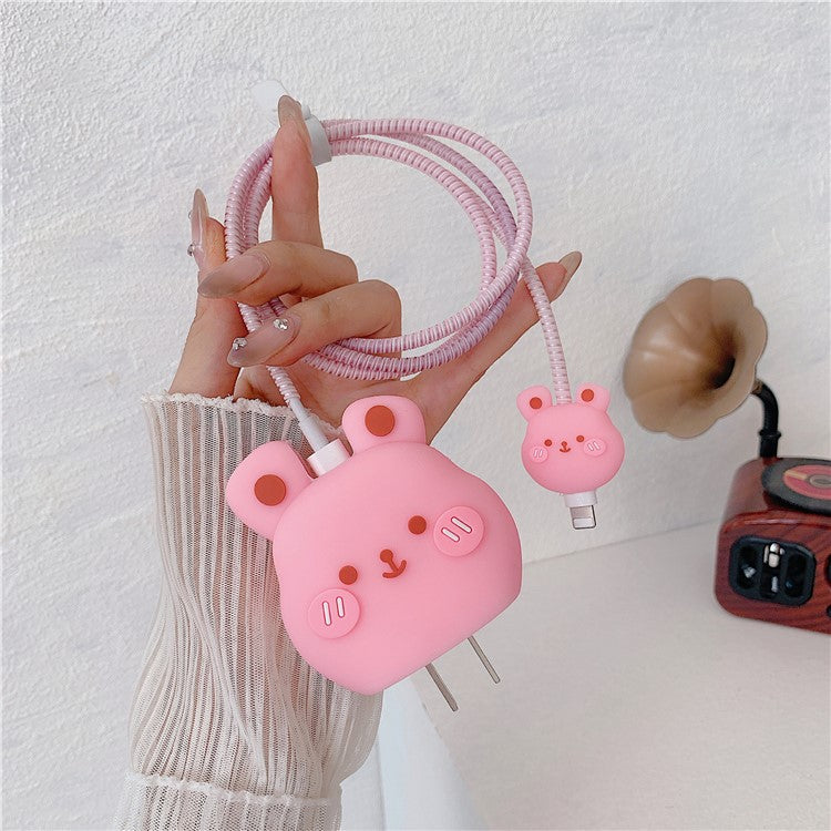 Cartoon Style Protective Case for iPhone 18W / 20W Charger Block Silicone Cover Set with Charging Cable Case - Rabbit