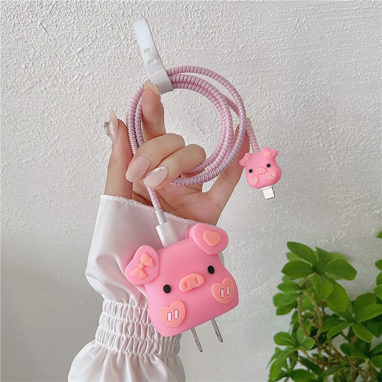 Cartoon Style Protective Case for iPhone 18W / 20W Charger Block Silicone Cover Set with Charging Cable Case - Bowknot Pig