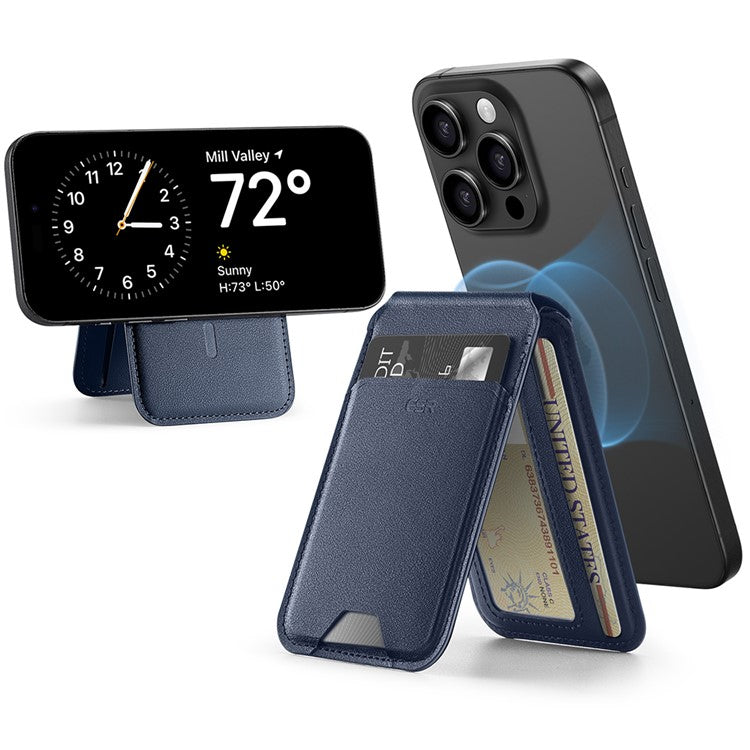 ESR 2K508 Halolock Magnetic Wallet Compatible with MagSafe Genuine Cow Leather Card Holder Stand - Dark Blue