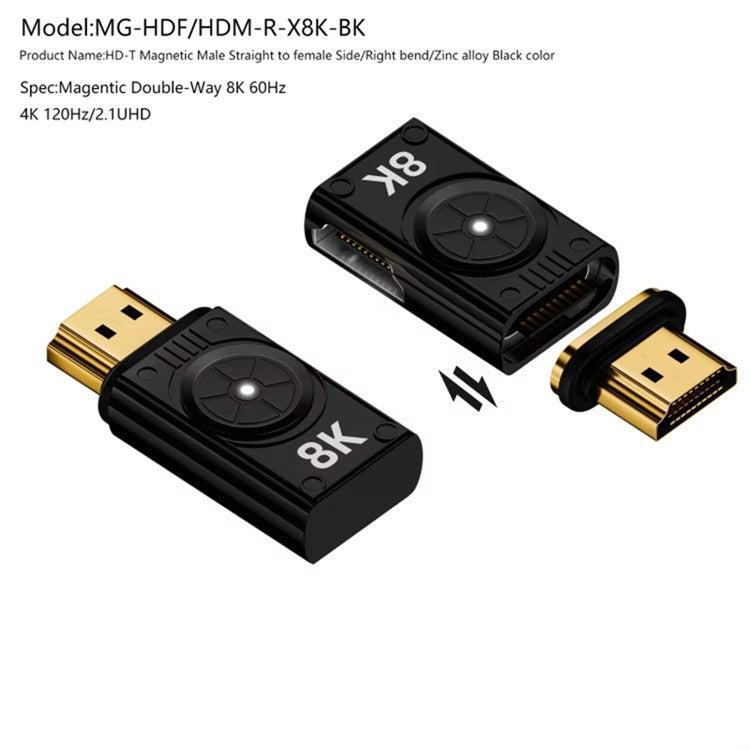8K 60Hz HDMI to HDMI Side Bend Connector Zinc Alloy Magnetic Adapter (Right Bend) - Tarnish