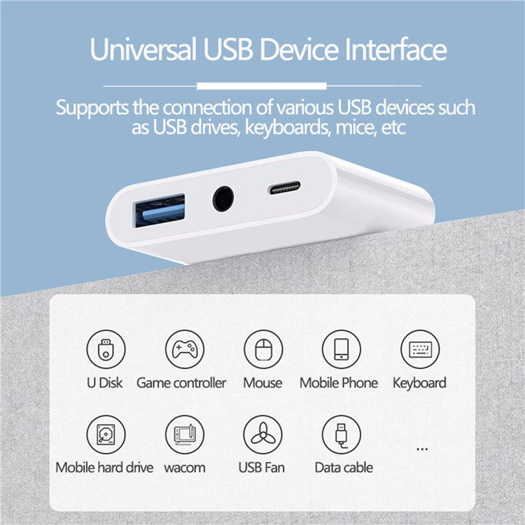 NK-109pro USB-C / 8-Pin Dual Cable to 3.5mm Audio + USB + USB-C Camera Adapter OTG Converter