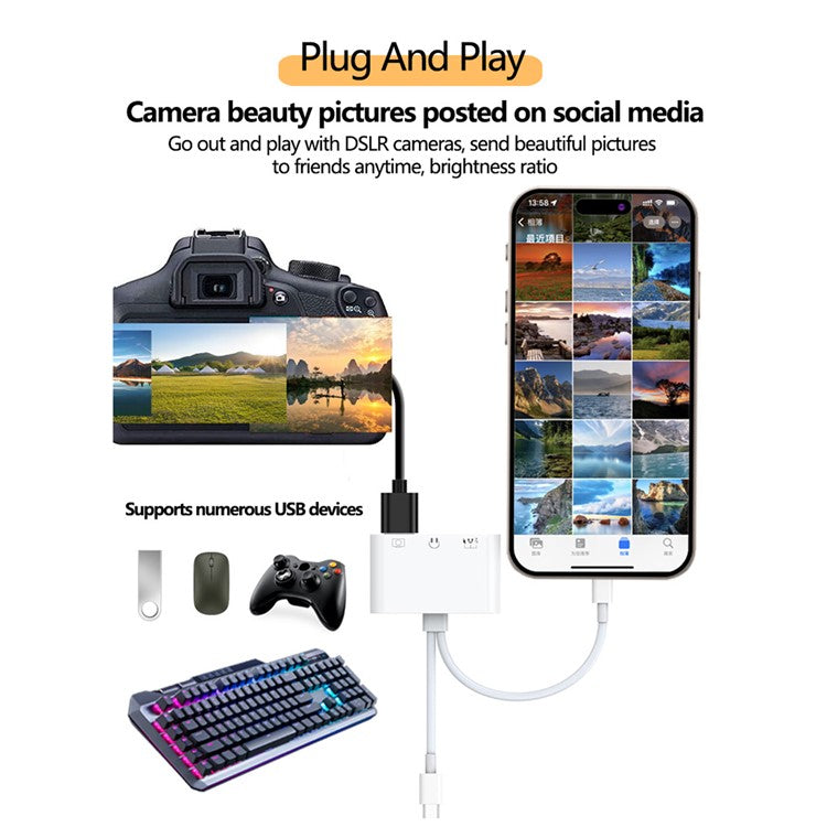 NK-109pro USB-C / 8-Pin Dual Cable to 3.5mm Audio + USB + USB-C Camera Adapter OTG Converter