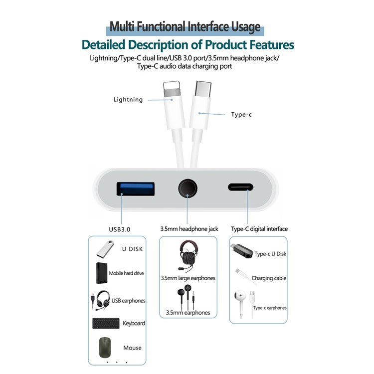 NK-109pro USB-C / 8-Pin Dual Cable to 3.5mm Audio + USB + USB-C Camera Adapter OTG Converter