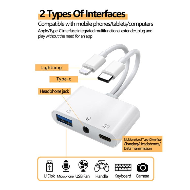 NK-109pro USB-C / 8-Pin Dual Cable to 3.5mm Audio + USB + USB-C Camera Adapter OTG Converter