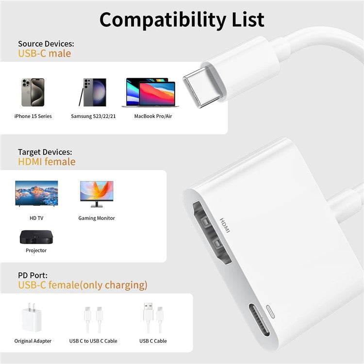 USB-C 4K PD 60W Adapter Type-C Male to HD Output+For iPhone Female Converter for iPhone 15 MacBook Samsung