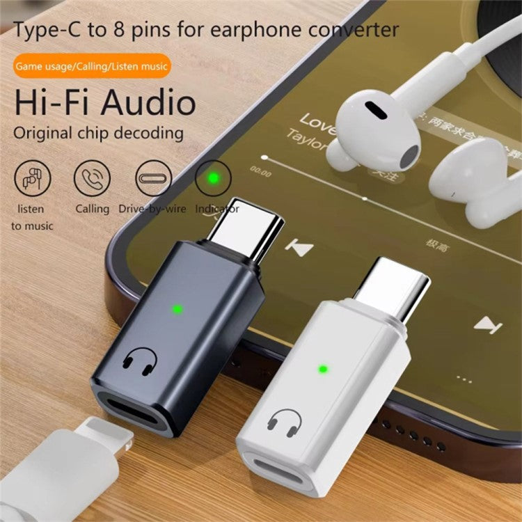 USB-C Male to 8-Pin Female Adapter Converter Audio Headphone Extension Connector - White