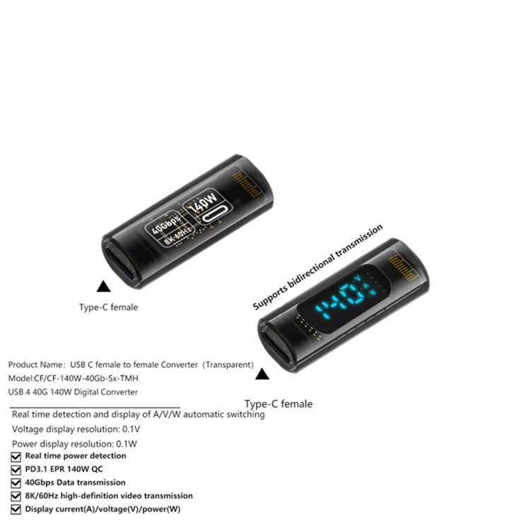 Type-C Female to Type-C Female 40Gbps PD 140W Digital Display Charging Data Transmission Adapter - Transparent