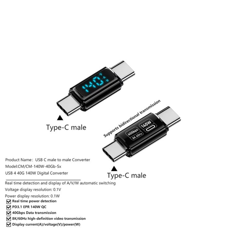 Type-C Male to Male 40Gbps PD 140W Digital Display Charging Data Transmission Adapter - Black