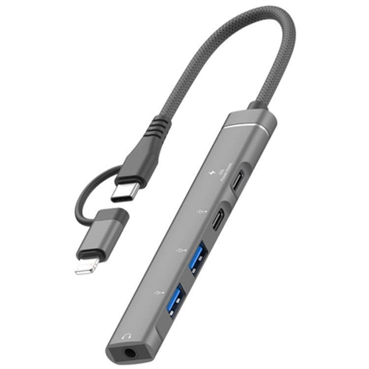 Type-C / 8-Pin 5-in-1 USB Hub Type-C Charging + Type-C Data + 2xUSB + 3.5mm Headphone Jack Adapter - Grey