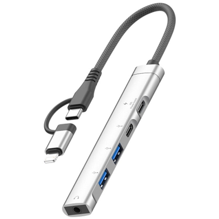 Type-C / 8-Pin 5-in-1 USB Hub Type-C Charging + Type-C Data + 2xUSB + 3.5mm Headphone Jack Adapter - Silver