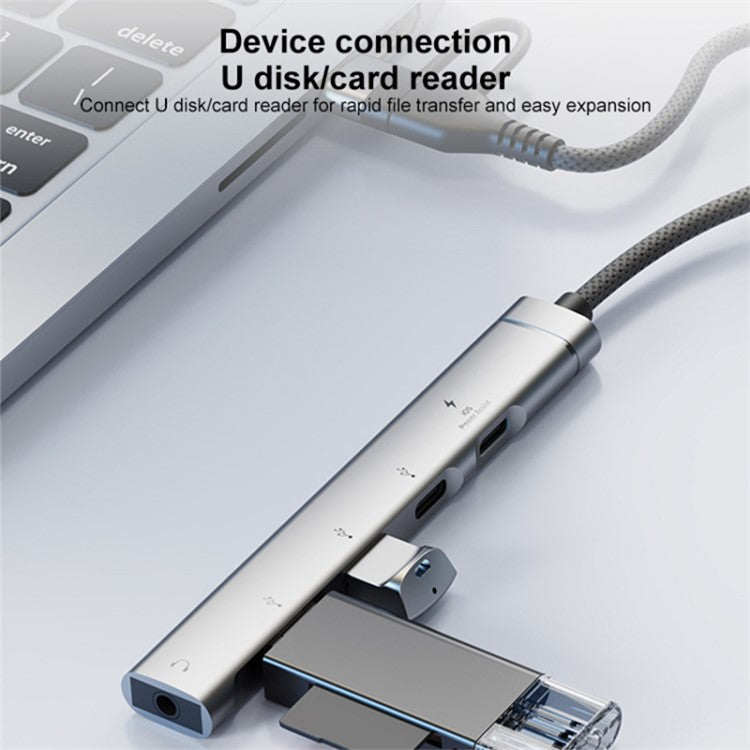 Type-C / 8-Pin 5-in-1 USB Hub Type-C Charging + Type-C Data + 2xUSB + 3.5mm Headphone Jack Adapter - Silver