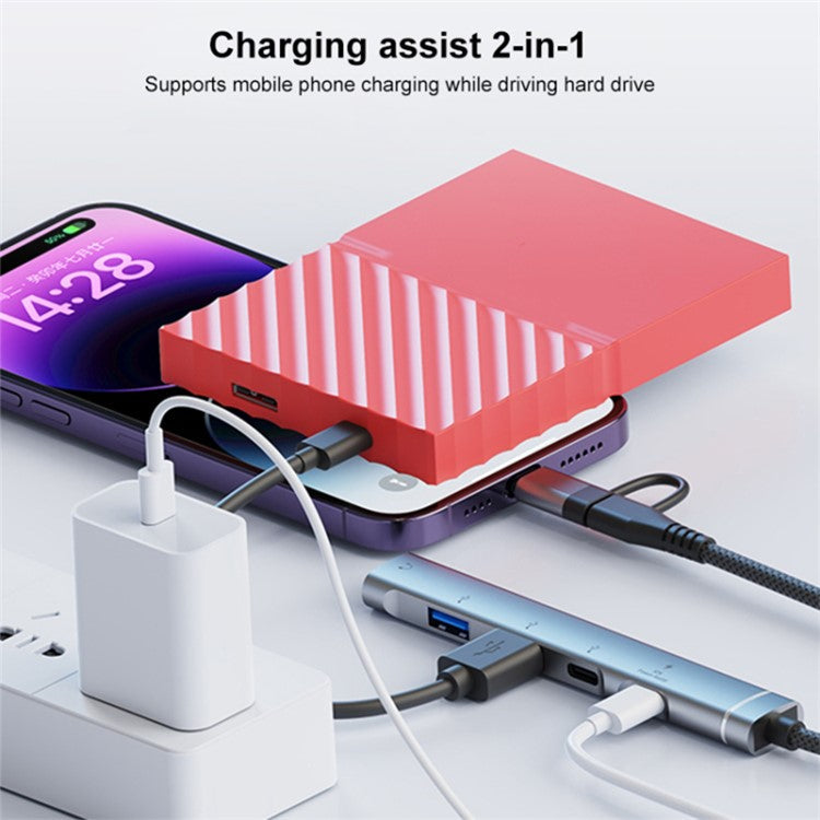 Type-C / 8-Pin 5-in-1 USB Hub Type-C Charging + Type-C Data + 2xUSB + 3.5mm Headphone Jack Adapter - Silver