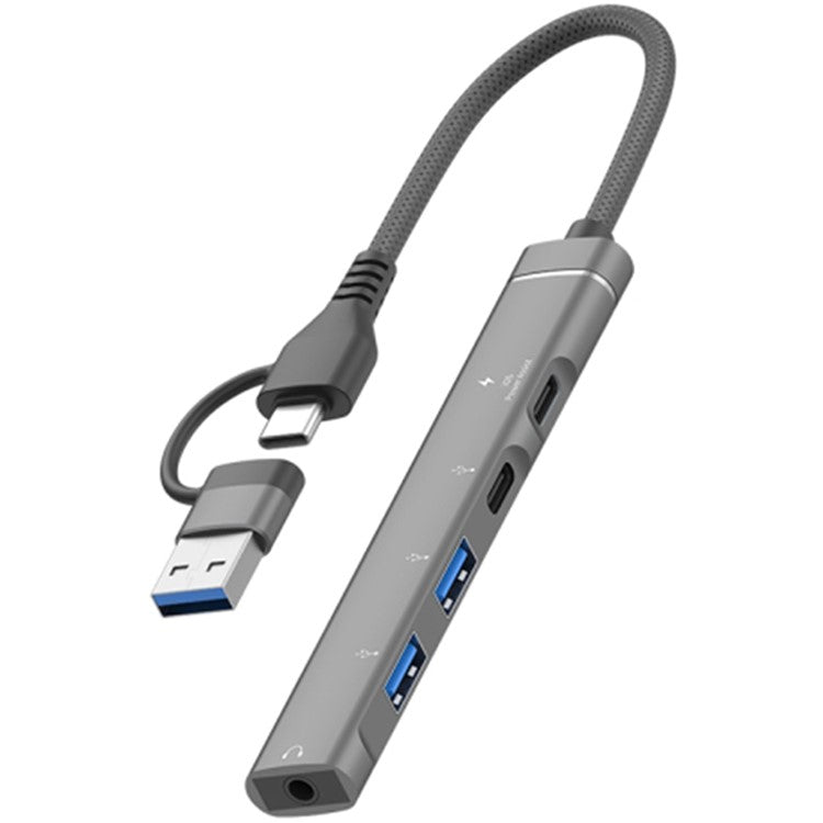 Type-C / USB-A 5-in-1 USB Hub Type-C Charging + Type-C Data + 2xUSB + 3.5mm Headset Jack Adapter - Grey