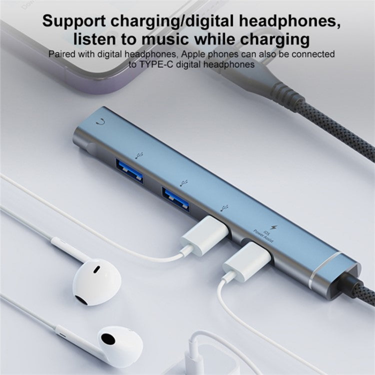 Type-C / USB-A 5-in-1 USB Hub Type-C Charging + Type-C Data + 2xUSB + 3.5mm Headset Jack Adapter - Silver